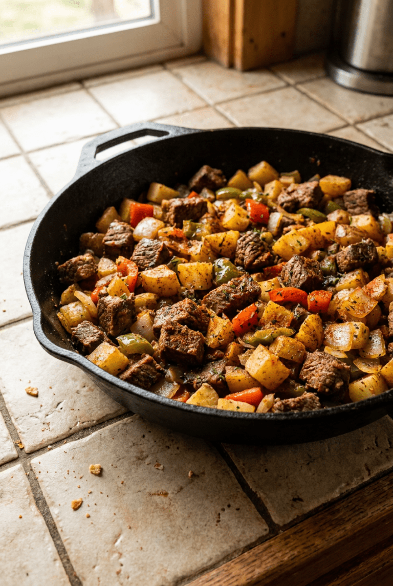 smoky skillet beef and potatoes recipe - Smoky Skillet Beef and Potatoes served in a white bowl overhead view