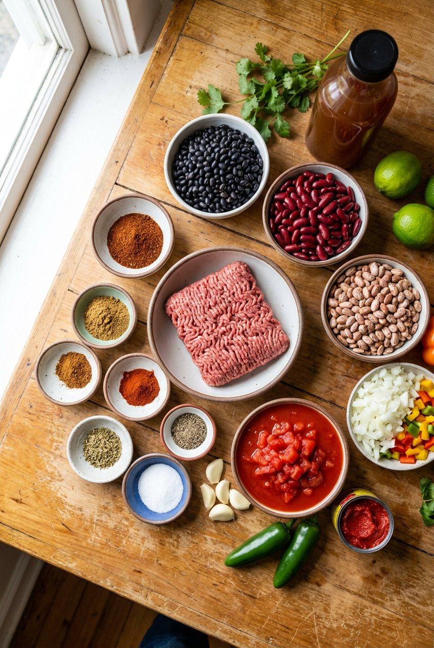 ingredients for Smoky Three-Bean Ground Beef Chili