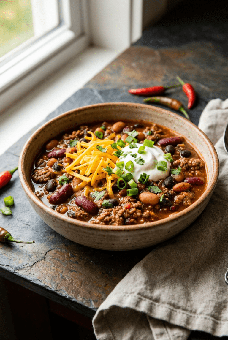 smoky three-bean ground beef chili recipe - Smoky Three-Bean Ground Beef Chili served in a white bowl overhead view