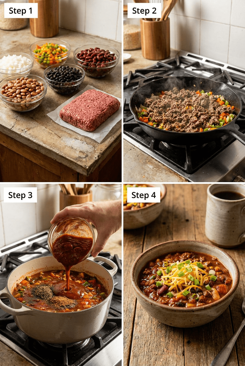 how to make Smoky Three-Bean Ground Beef Chili step by step