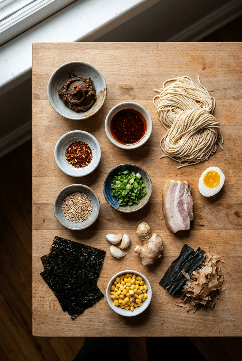 ingredients for Spicy Miso Ramen from Scratch