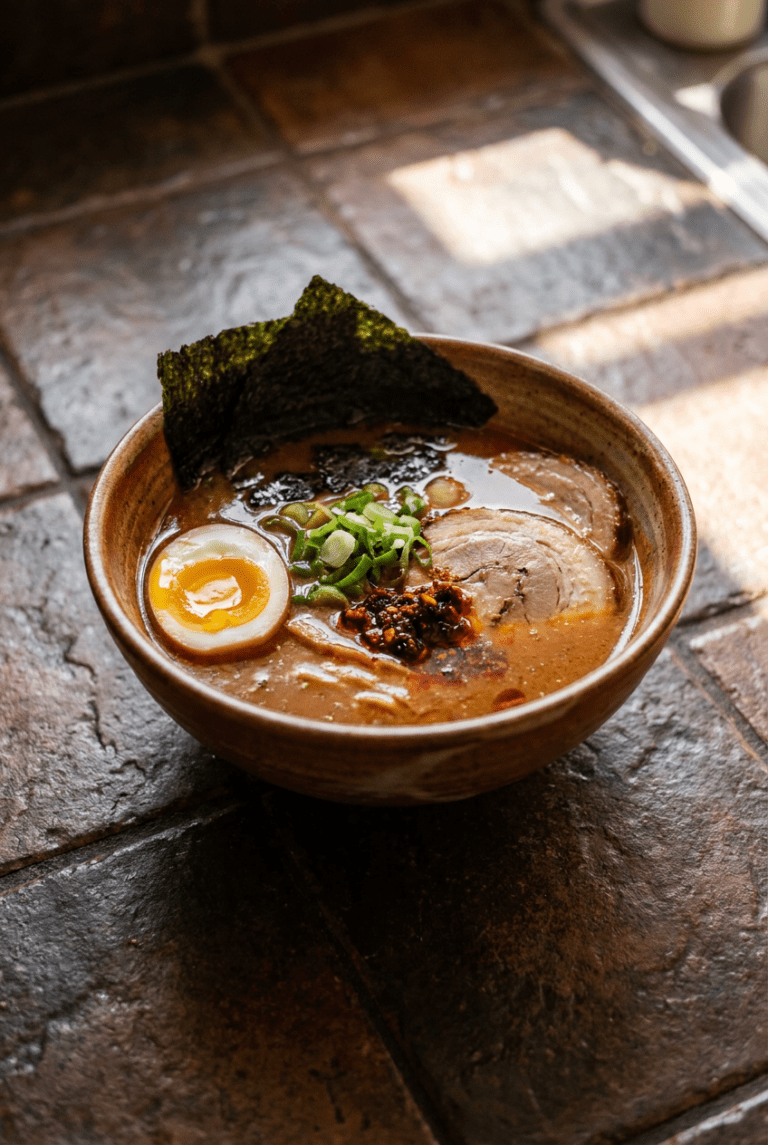 spicy miso ramen from scratch recipe - Spicy Miso Ramen from Scratch served in a white bowl overhead view