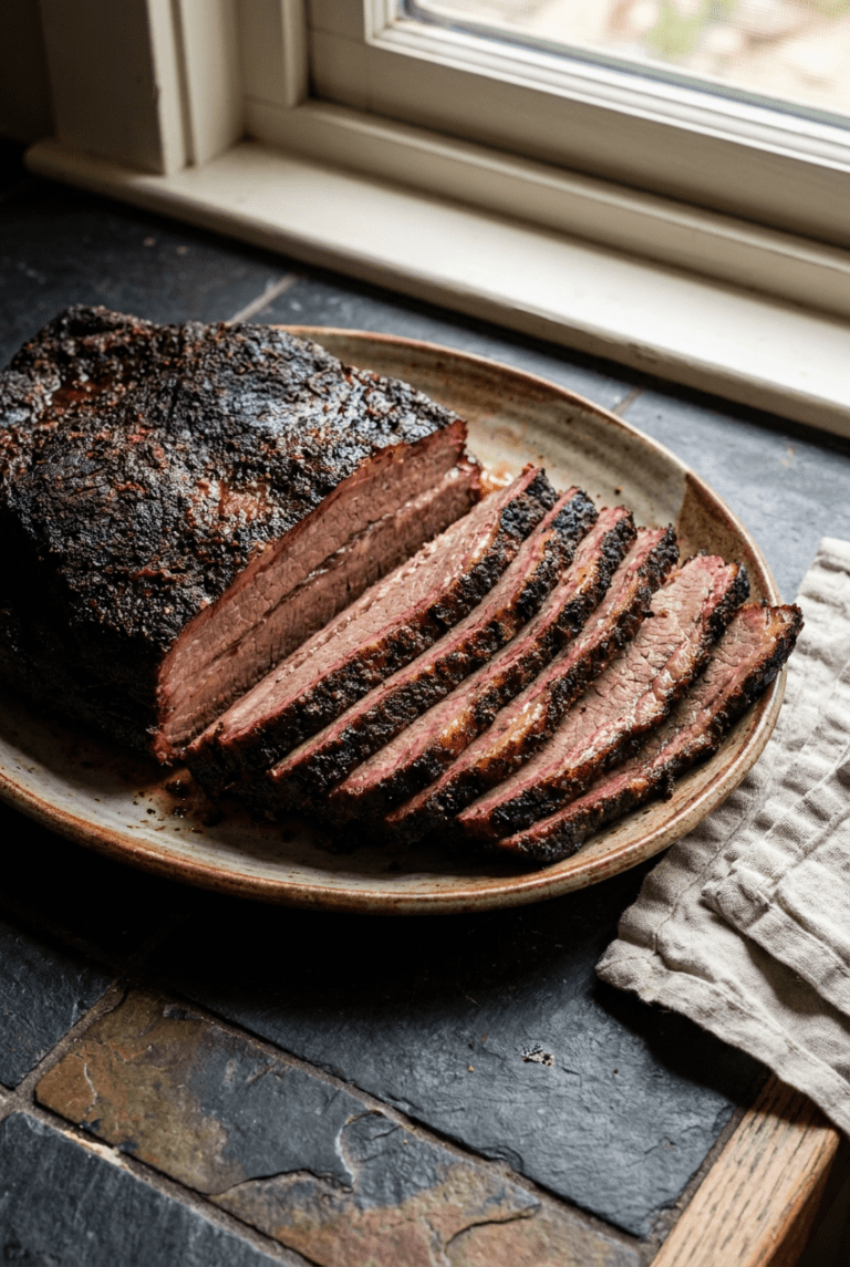 texas-style smoked beef brisket recipe - Texas-Style Smoked Beef Brisket served in a white bowl overhead view