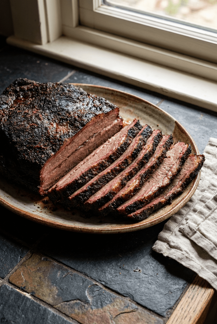 texas-style smoked beef brisket recipe - Texas-Style Smoked Beef Brisket served in a white bowl overhead view