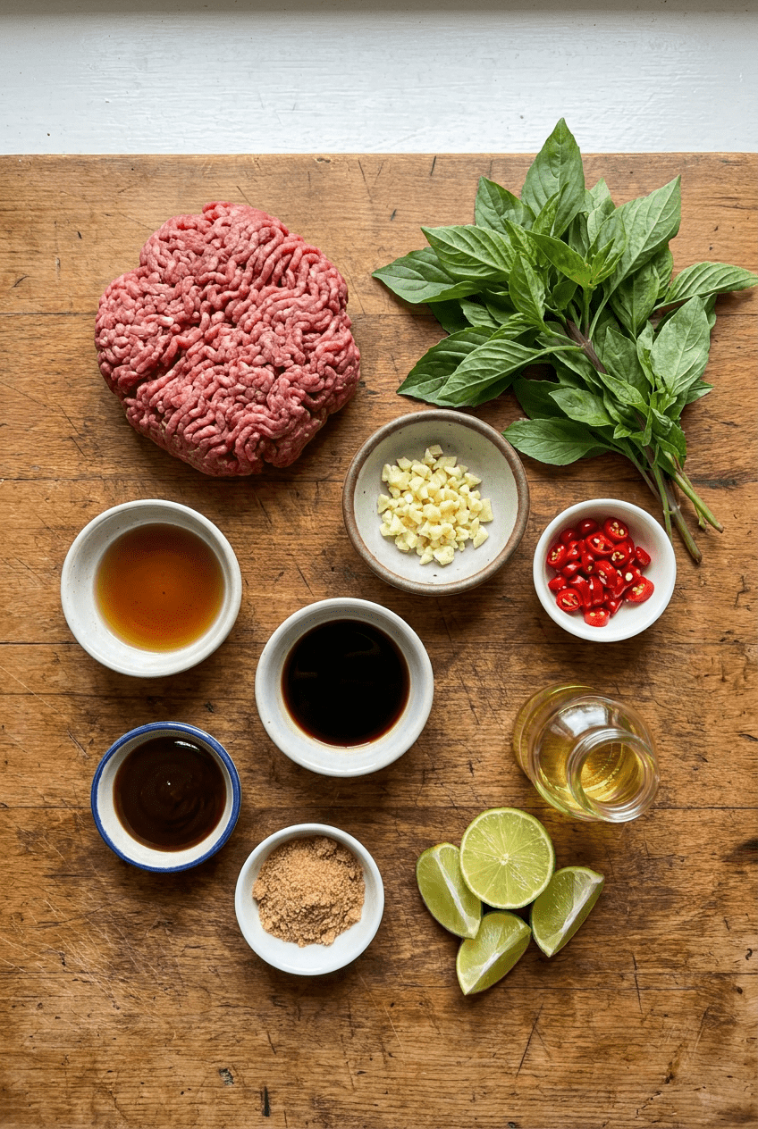 ingredients for Thai Basil Ground Beef (Pad Krapow)