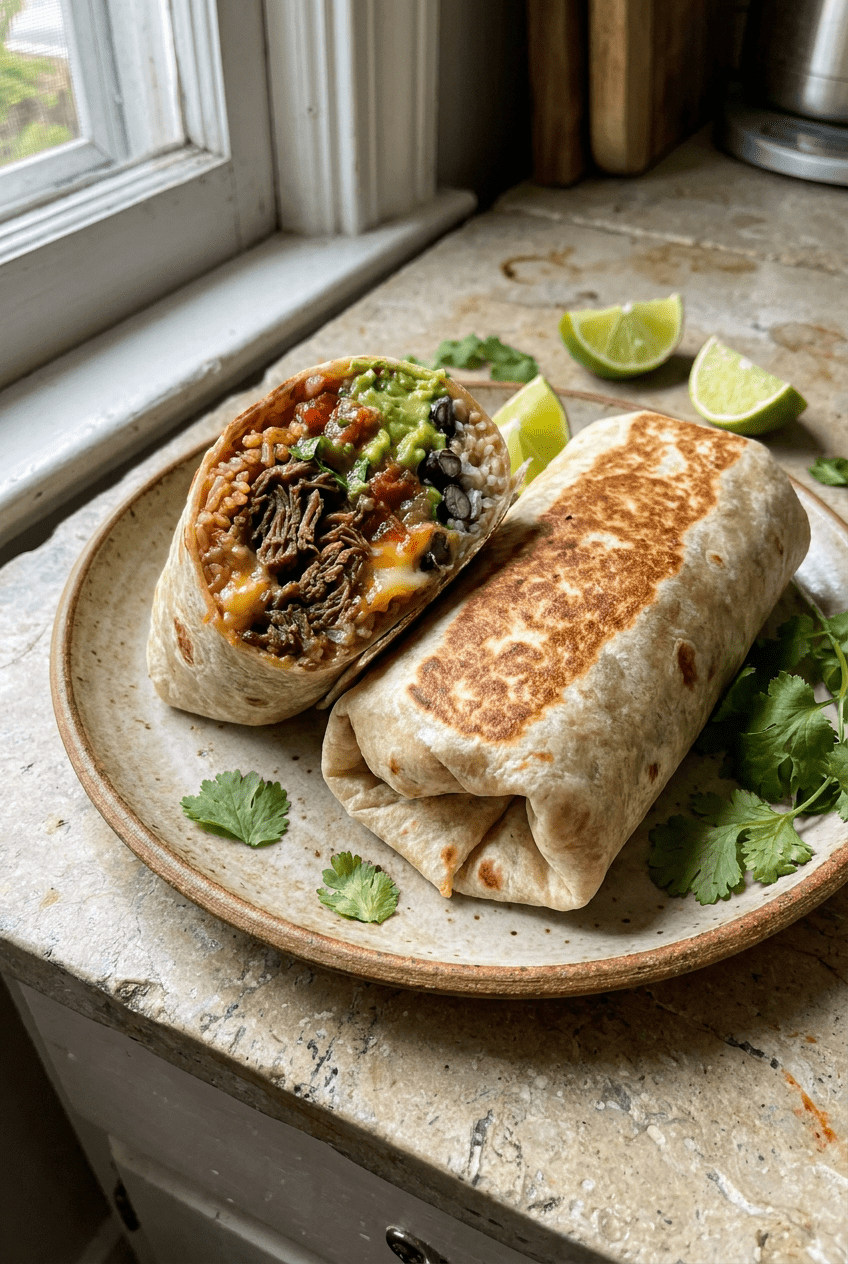 ultimate beef burritos recipe - Ultimate Beef Burritos served in a white bowl overhead view