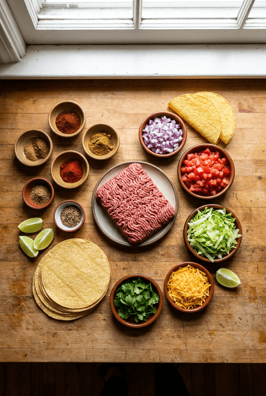 ingredients for Ultimate Ground Beef Tacos