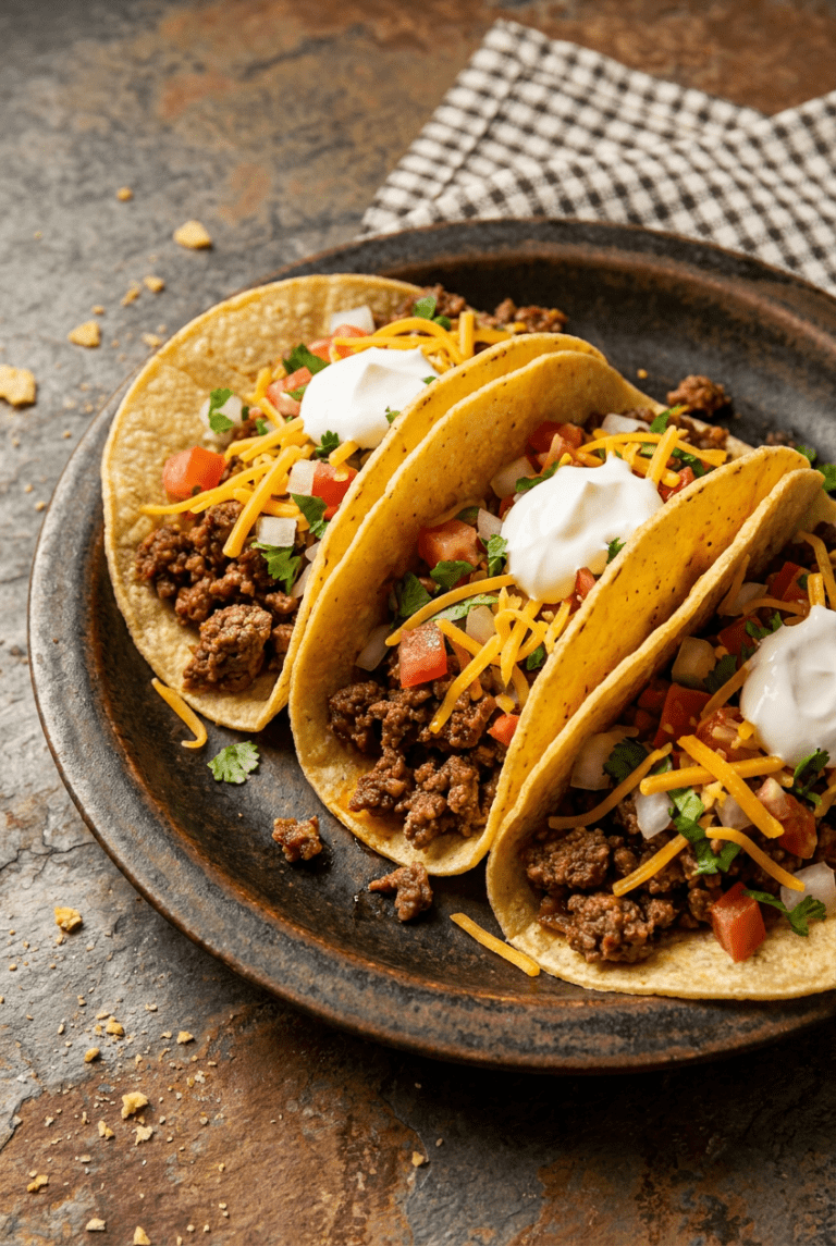 ultimate ground beef tacos recipe - Ultimate Ground Beef Tacos served in a white bowl overhead view