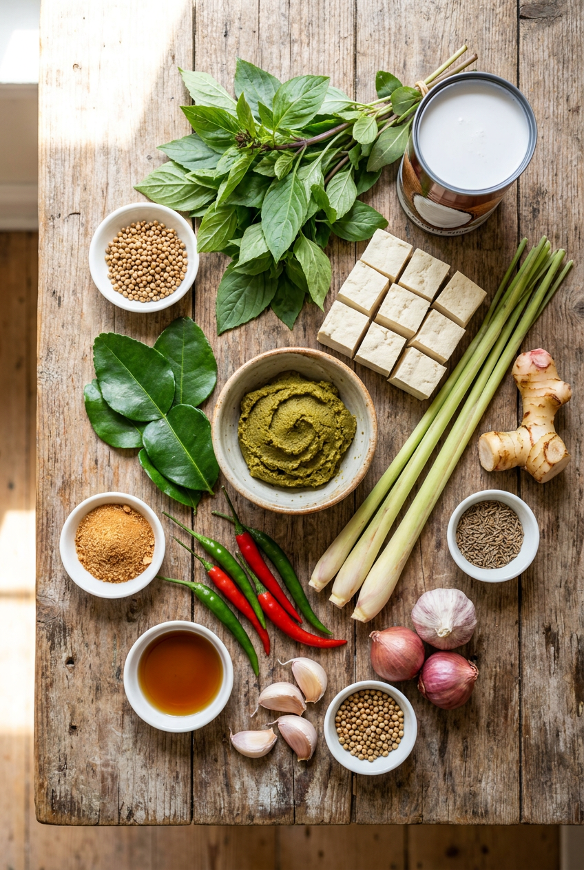 ingredients for Vibrant Thai Green Curry with Crispy Tofu