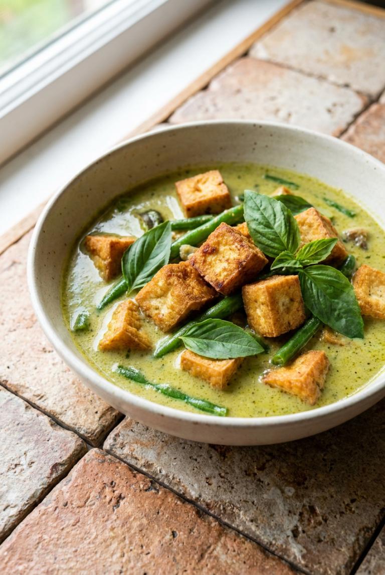 vibrant thai green curry with crispy tofu recipe - Vibrant Thai Green Curry with Crispy Tofu served in a white bowl overhead view